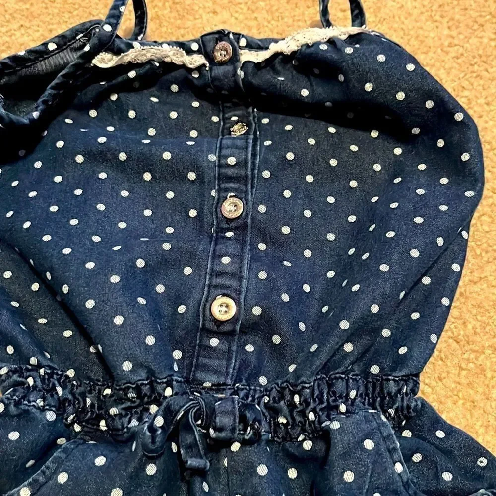 Real Love Denim Polka Dot Spaghetti Strap Romper with Lace and Bow- Size 3T